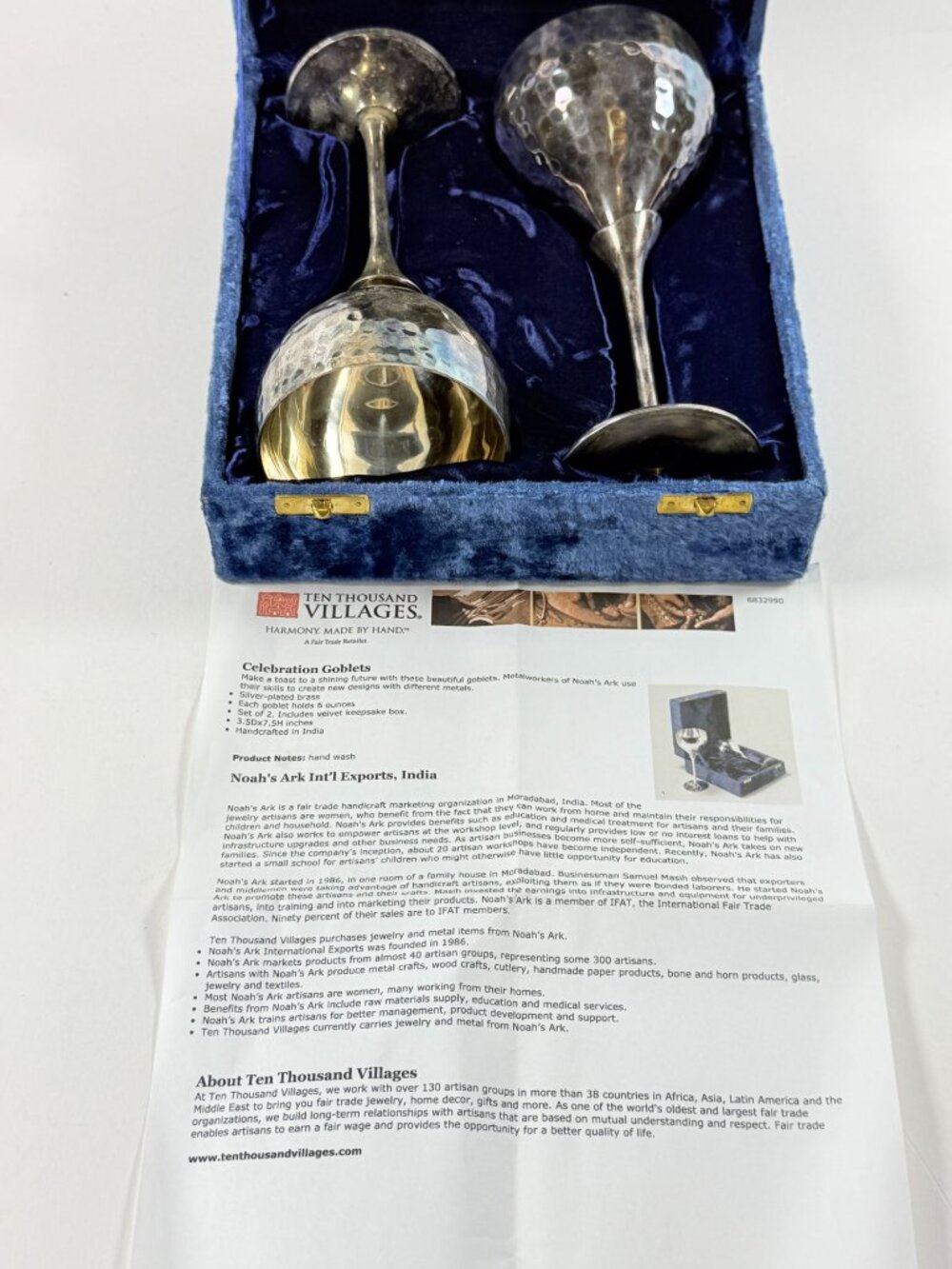 Vintage 2 Handcrafted Hammered Brass Wine Celebration Goblets Velvet Case India